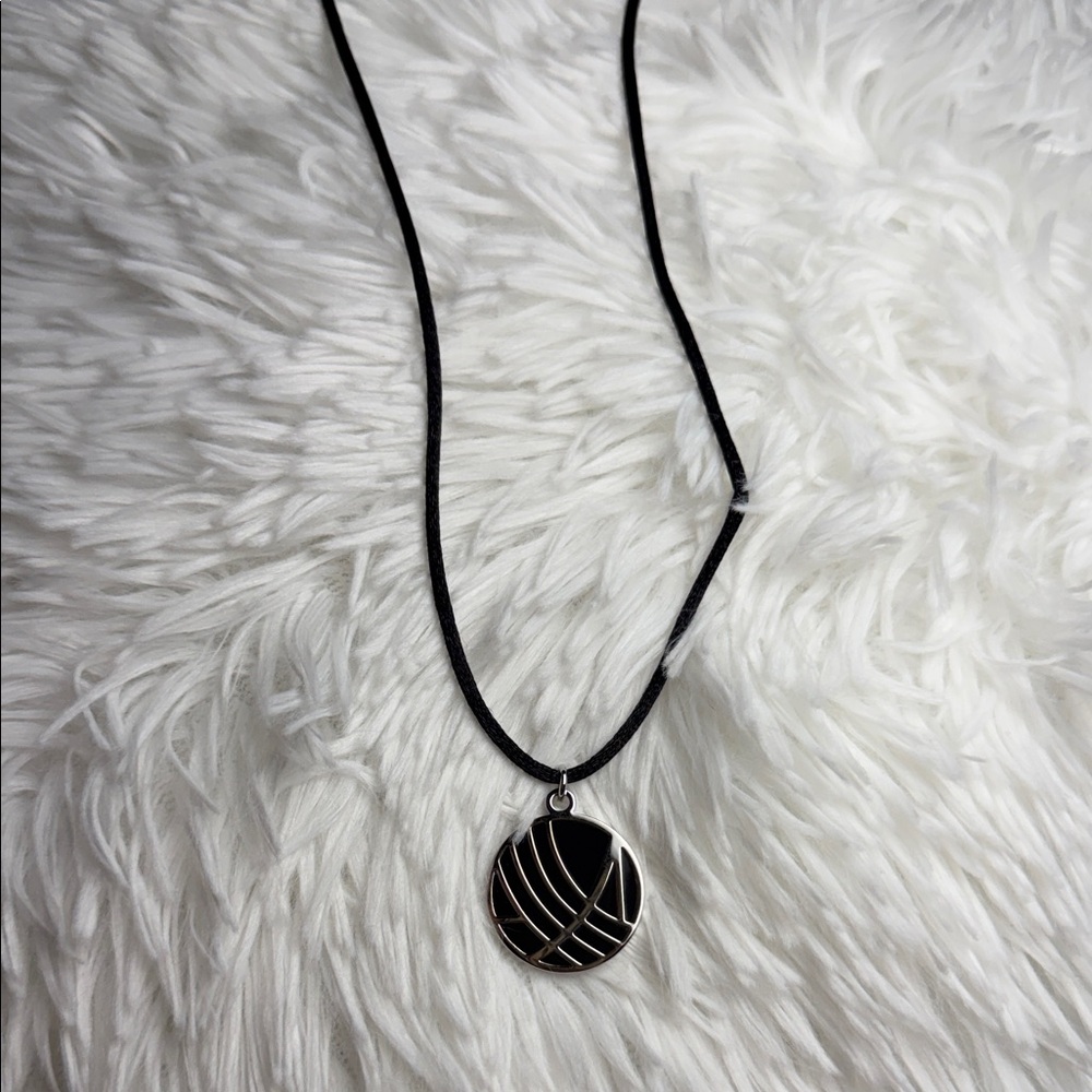Guggenheim Black Cord Necklace with Round Black and Silver Pendant